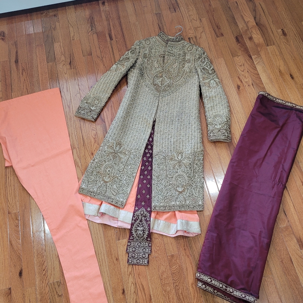 Groom Gold, Burgundy, and Peach Sherwani